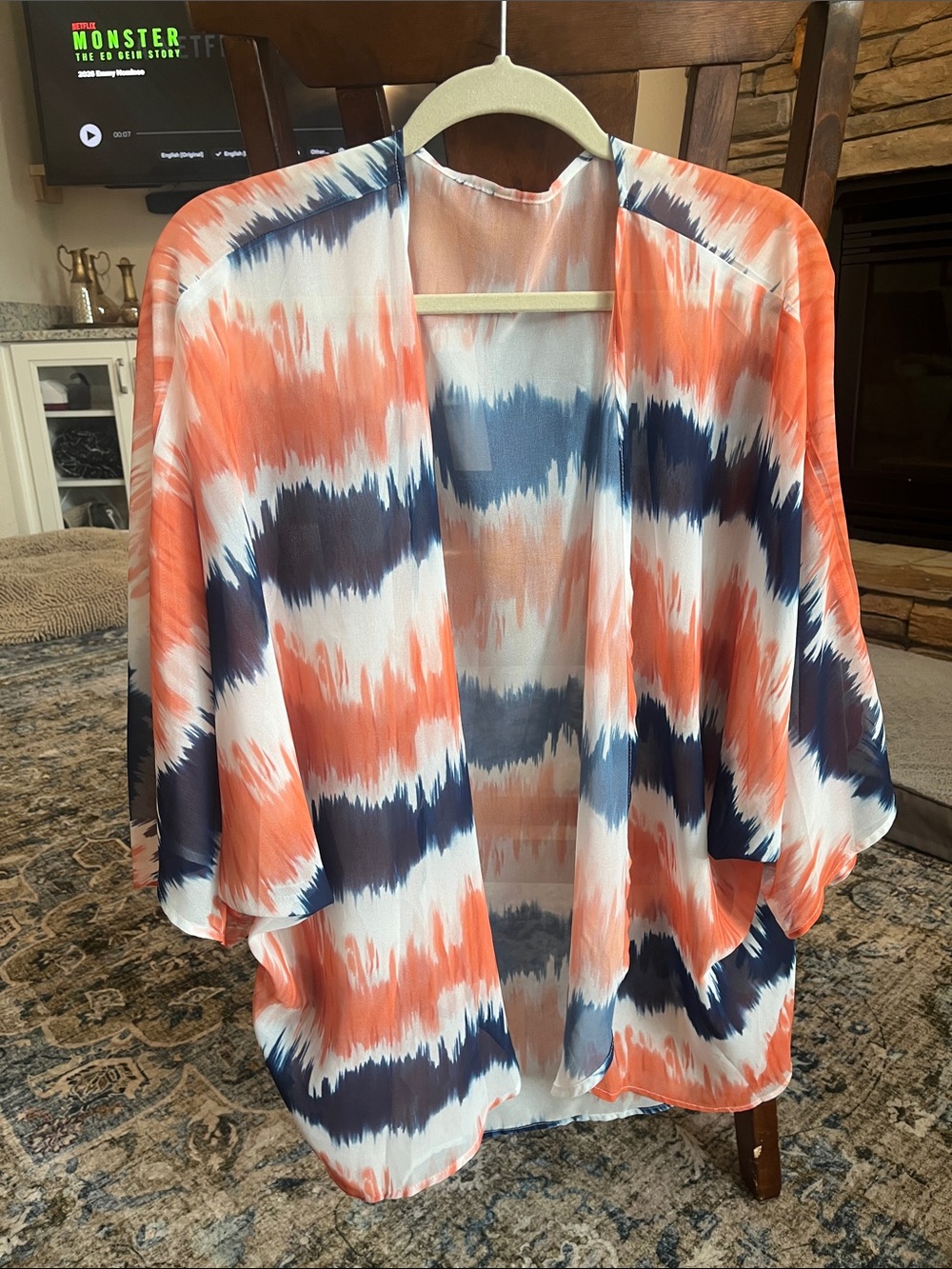 Lightweight Open-Front Kimono - Coral, Navy & White